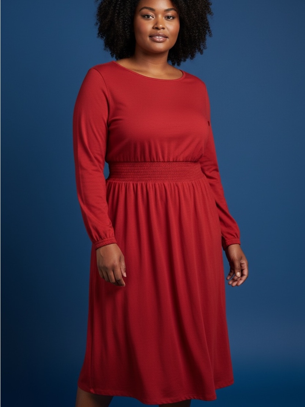 CROFT & BORROW Red Long Sleeve Smocked-Waist Midi Dress